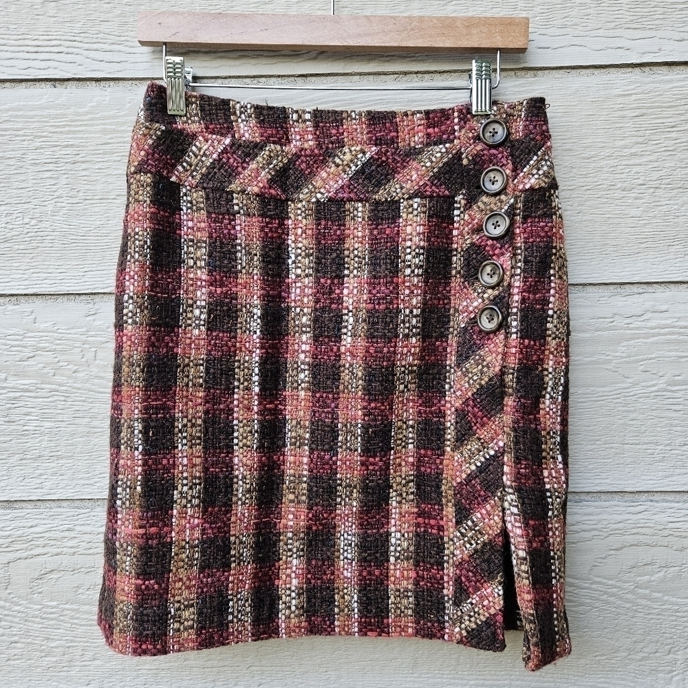 LOFT Petites brown and pink plaid tweed skirt with asymmetric buttons 6P